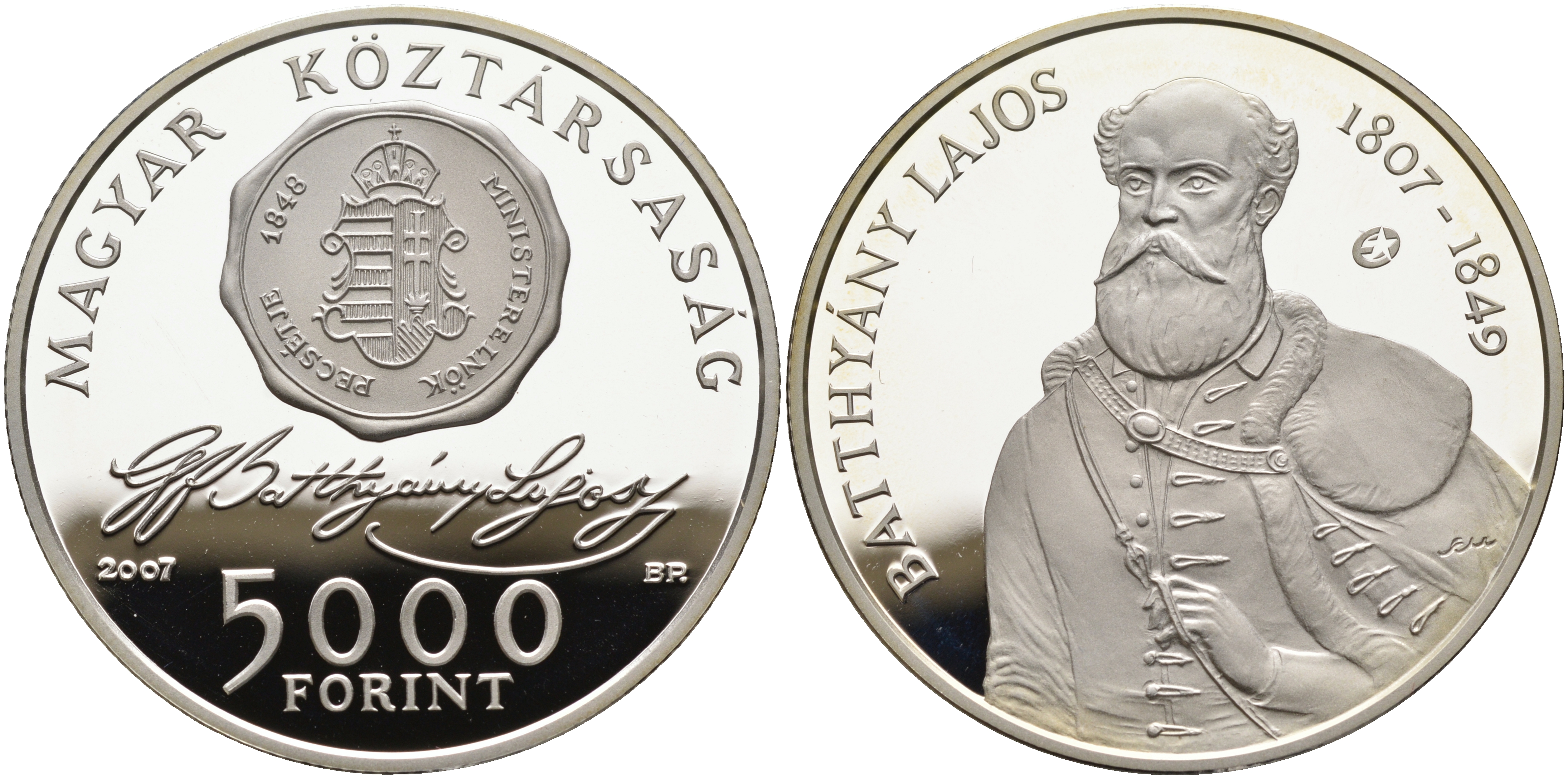 Венгрия 5000 форинтов 2007 200 лет со дня рождения Лайоша Баттьяни KM 799 серебро  PROOF 01-164-13