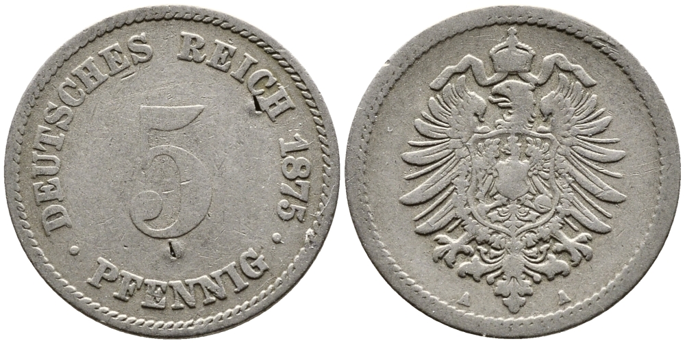 ГЕРМАНИЯ 5 ПФЕННИГОВ 1875 A, СТАРОГЕРБОВКА KM 3, J.3 медно-никель 4387-741
