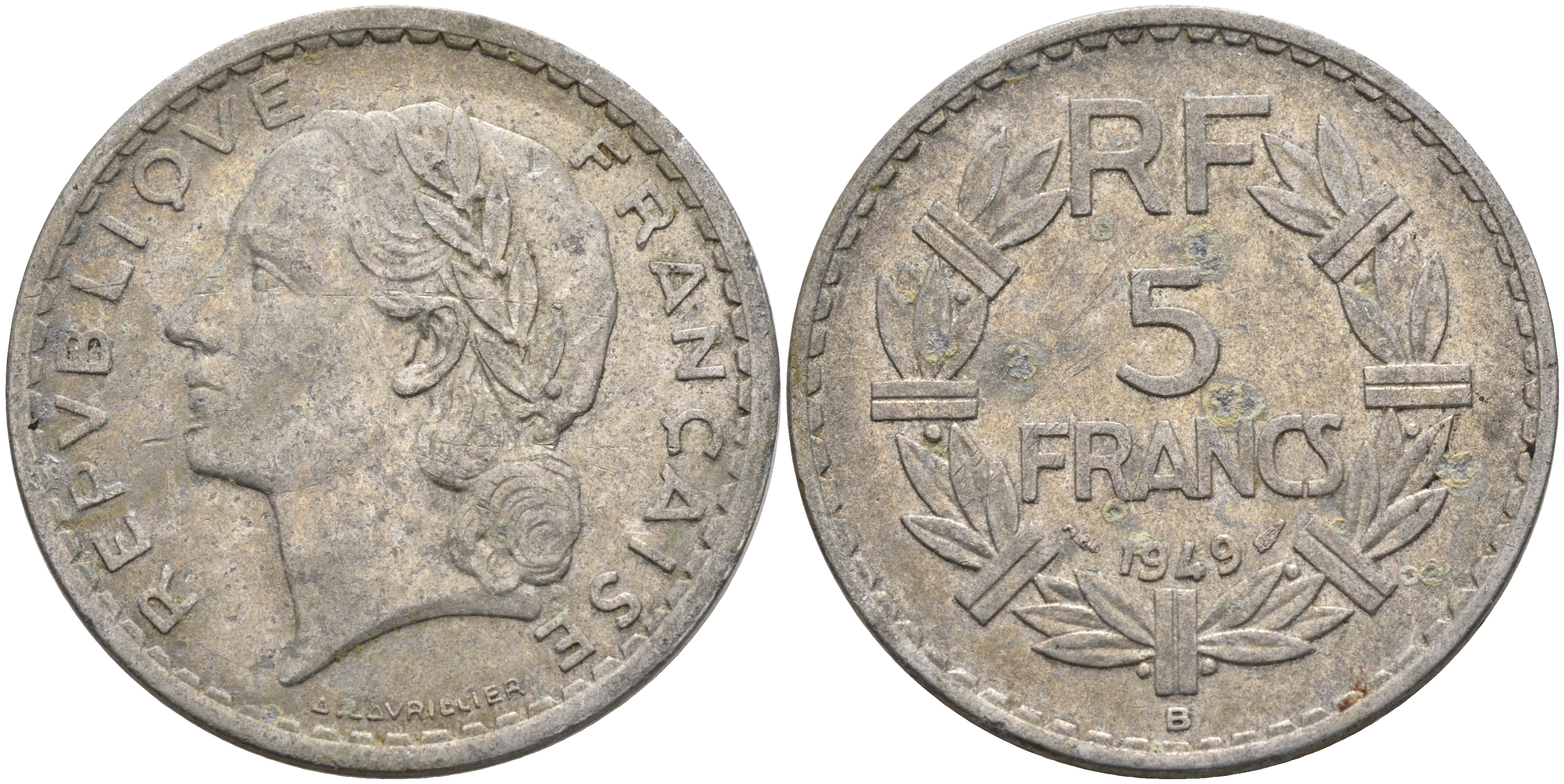 Франция 5 франков 1949 В, тип Лаврийе KM 888b.2, LE FRANC 339.19 алюминий 4590-526