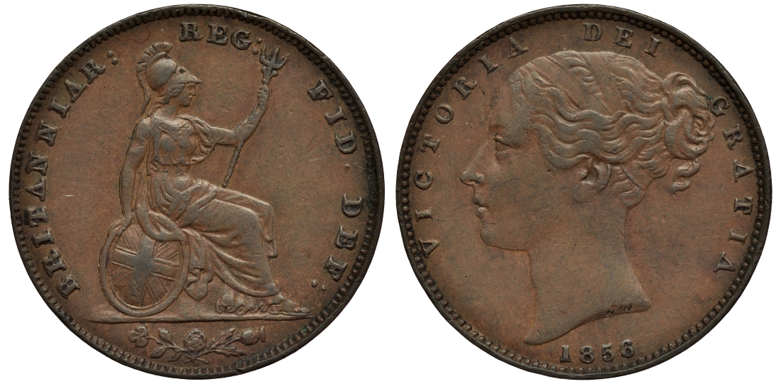 Великобритания 1 фартинг 1856 Виктория (1837-1901) KM 725, Spink 3950 медь 1523-1021