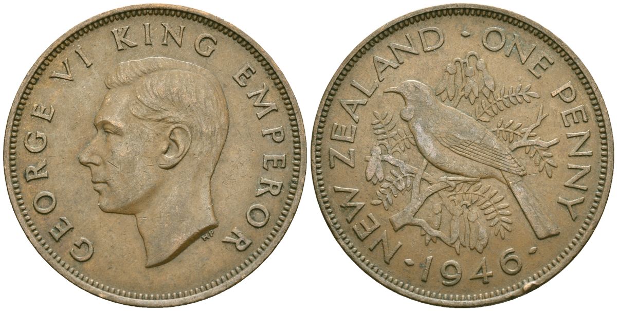 Новая Зеландия 1 пенни 1946 Георг VI (1936-1952), новозеландский туи KM 13 бронза 32-633