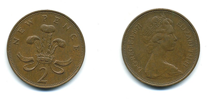 Великобритания 2 пенса 1971 Елизавета II (1952-2022) КМ 916, Spink 4235 (C1) бронза 4110-647