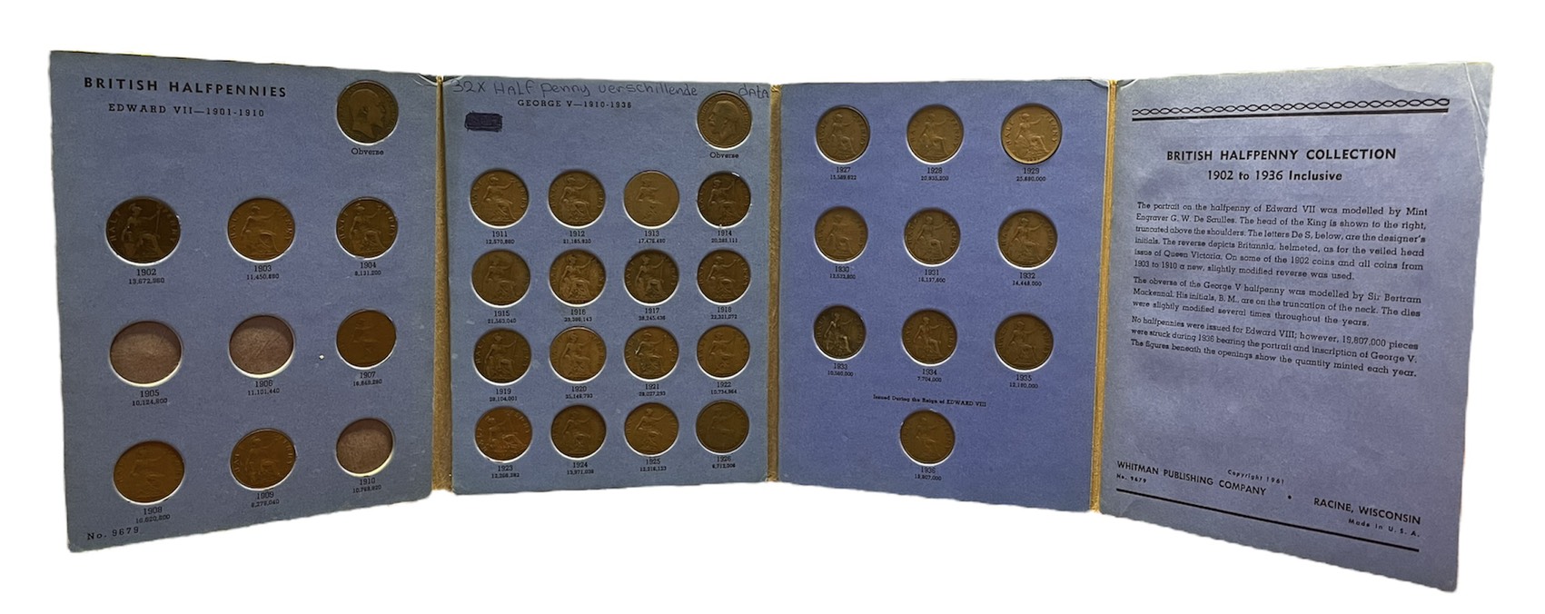 Великобритания набор (погодовка) из 34 монет (номиналом в 1/2 пенни) 1902-1936 Первые британские короли Виндзорской (Саксен-Кобург-Готской) династии - Эдуард VII (1901-1910) и Георг V (1910-1936) Отсутствуют 3 монеты - 1905, 1906 и 1910 года бронза 7-4-64