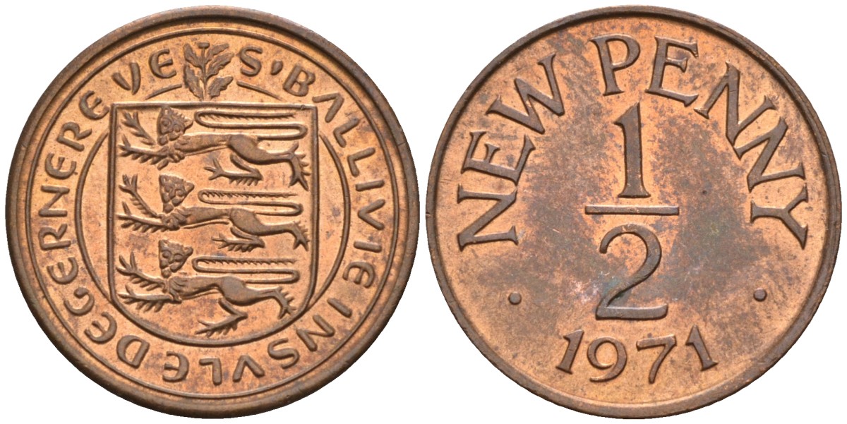 Гернси 1/2 пенни 1971 Елизавета II (1952-2022), герб KM 20 бронза UNC 4580-865