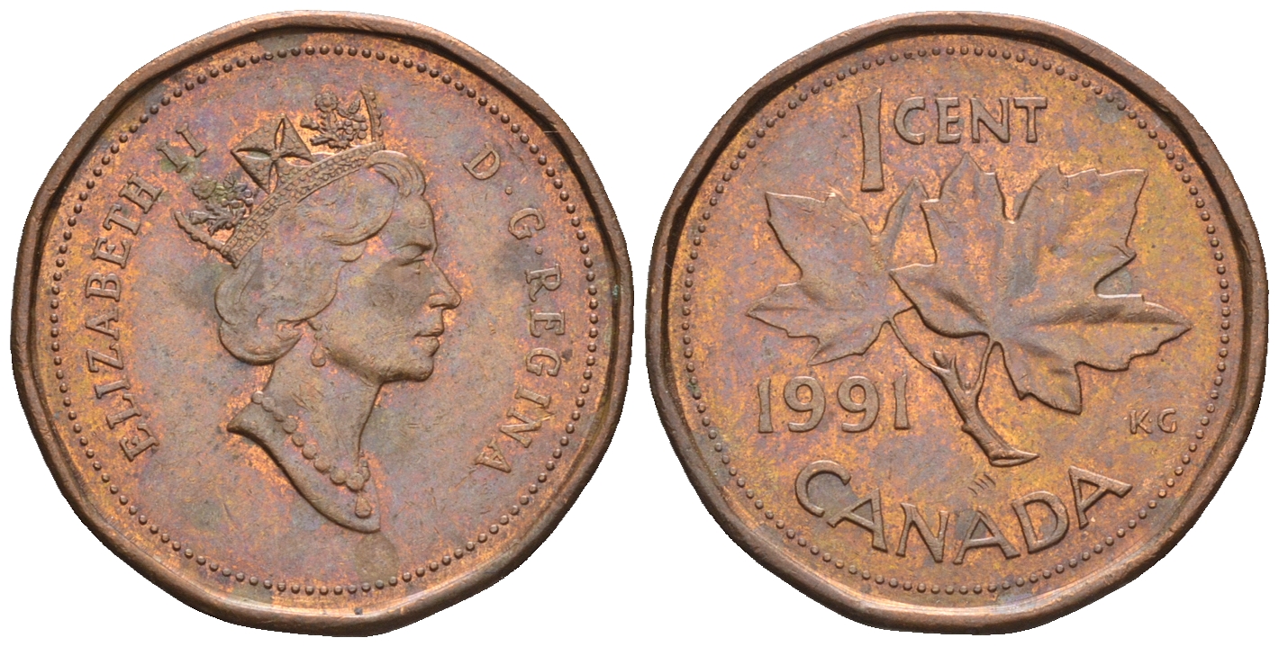 Канада 1 цент 1991 Елизавета II (1952-2022), кленовый лист KM 181 бронза 4609-232
