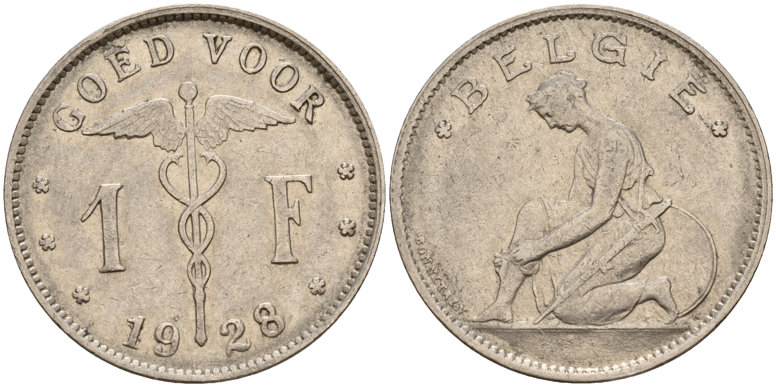 Бельгия 1 франк 1928/23 Belgie  KM 90 никель    4161-1155