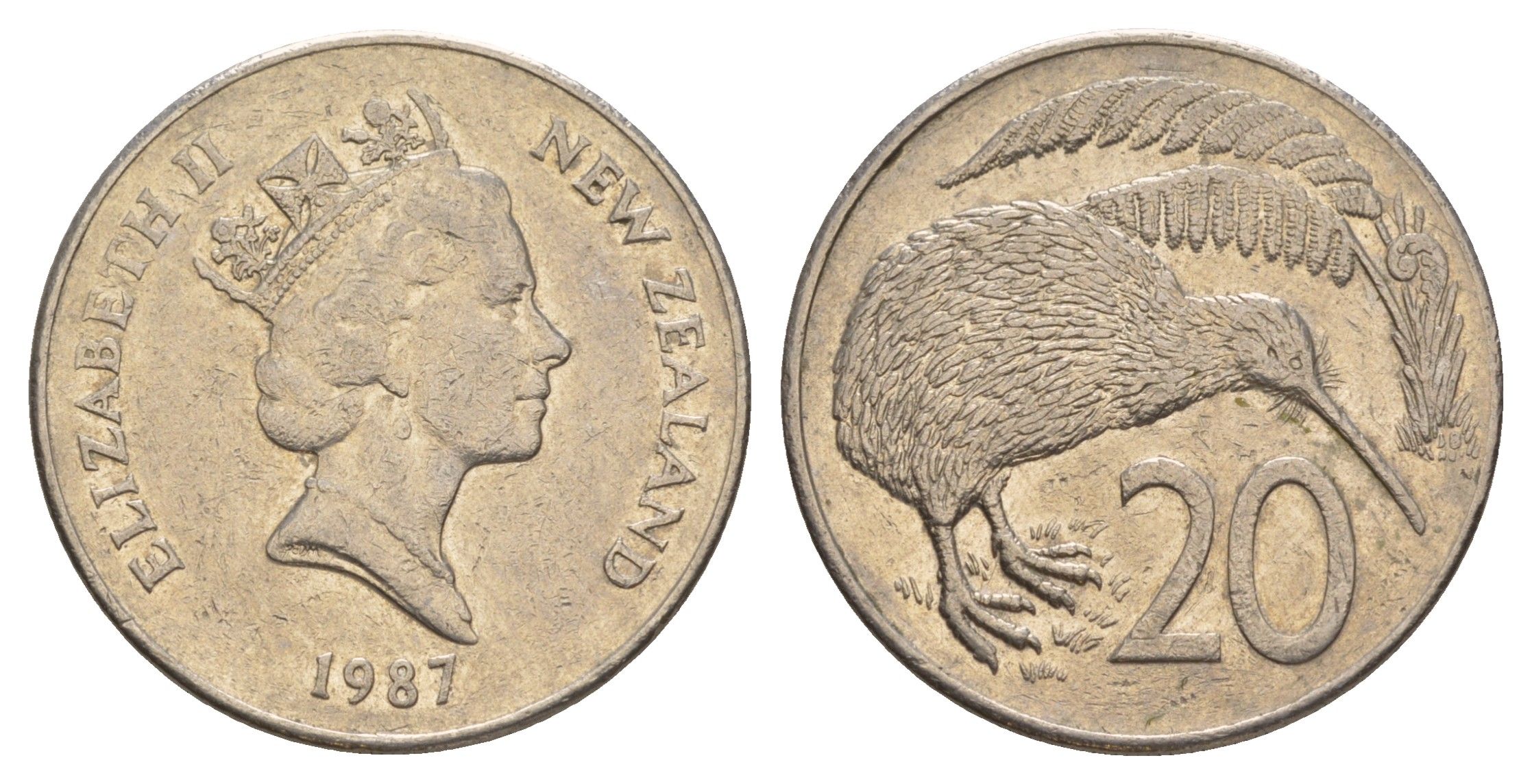 Новая Зеландия 20 центов 1987 Елизавета II (1952-2022), птичка киви KM 62 медно-никель 4187-252