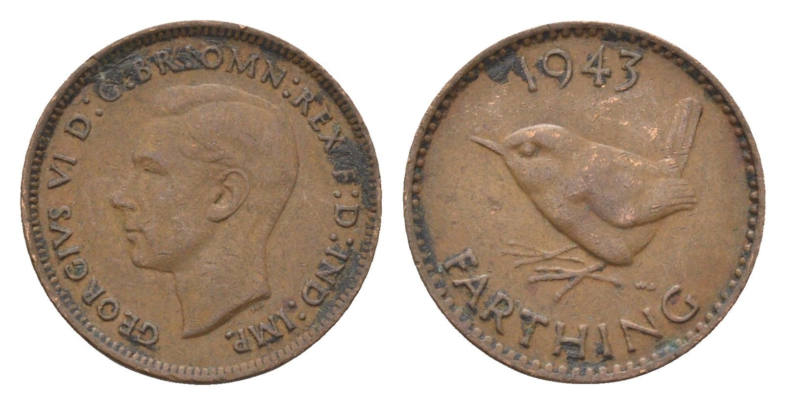 Великобритания 1 фартинг 1943 Георг VI (1936-1952) KM 843, Spink 4116 бронза 4664-343