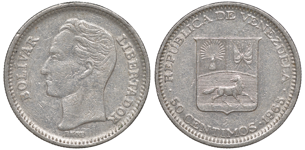 Венесуэла 50 сентимо 1965 Симон Боливар KM 41, Schon 51 никель 4606-331