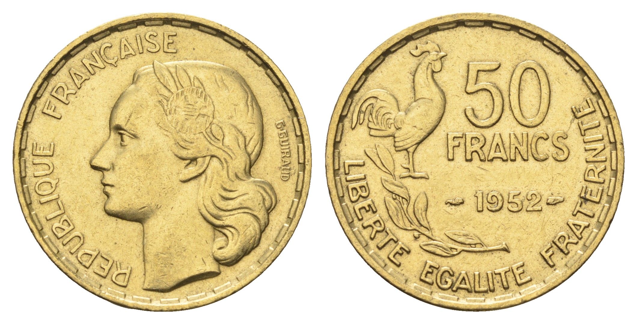 Франция 50 франков 1952  KM 918.1 алюминиевая бронза    4660-323