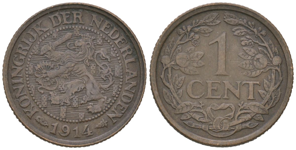 Нидерланды 1 цент 1914 Вильгельмина (1890-1948) KM 152 бронза 4152-146