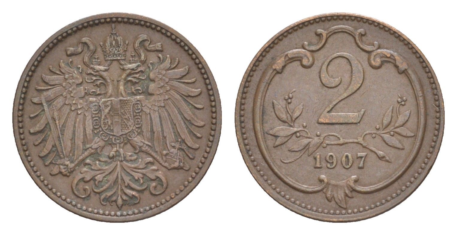 Австрия 2 геллера 1907 Франц Иосиф I (1848-1916) KM 2801 бронза 4639-1023