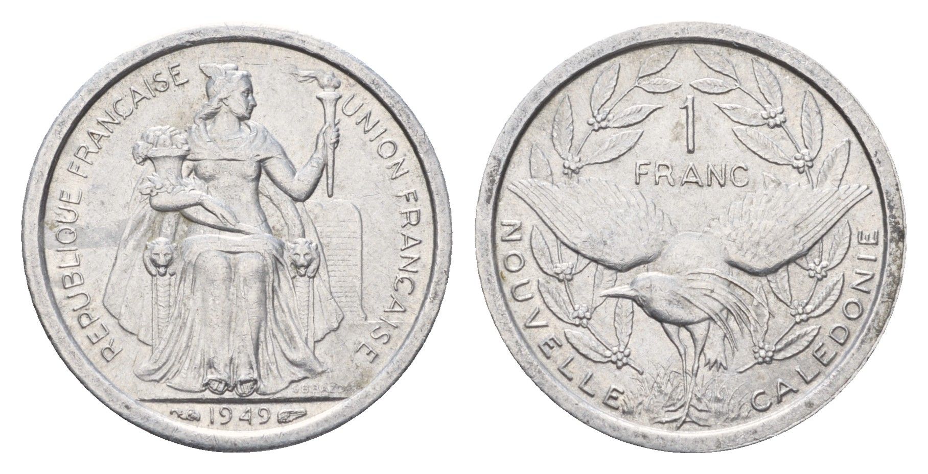 Новая Каледония 1 франк 1949 год-тип KM 2 алюминий 87-1131