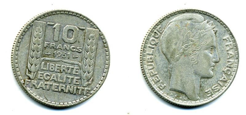 Франция 10 франков 1931 Пьер Тюрен KM 878, Le Franc 360.4 серебро 37-345
