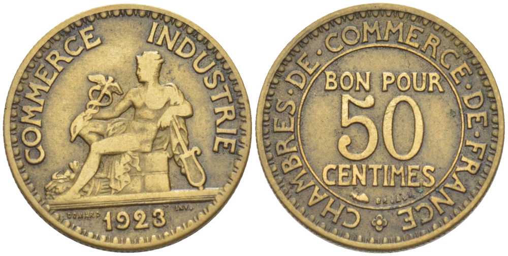 ФРАНЦИЯ 50 САНТИМОВ 1923 CHAMBRES DE COMMERCE KM 884, LE FRANC 191.6 алюминиевая бронза 201-852