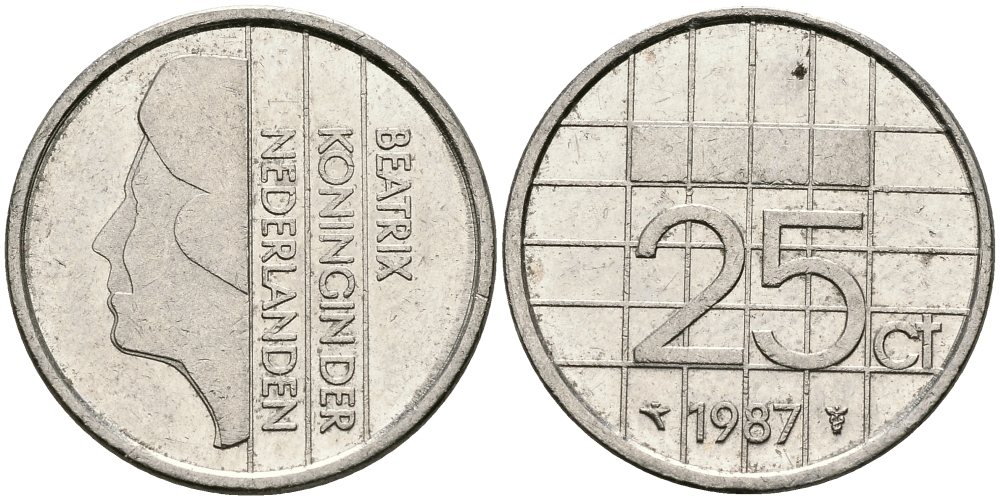 НИДЕРЛАНДЫ 25 ЦЕНТОВ 1987 БЕАТРИКС KM 204 никель 96-315