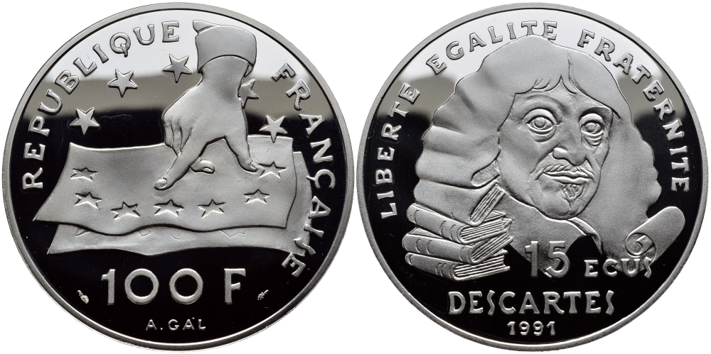 Франция 100 франков - 15 экю 1991 Декарт KM 1002 серебро PROOF 02-035-32