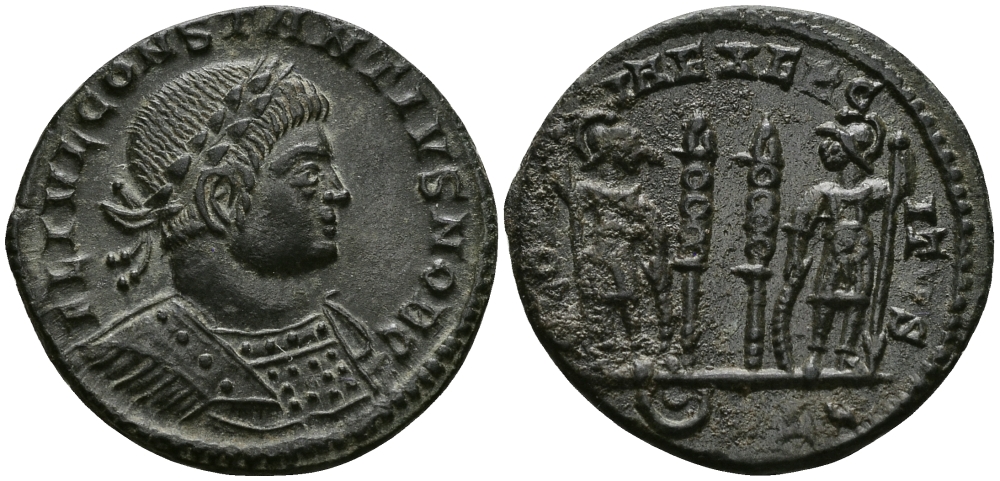 Римская Империя нуммий 332 Констанций II в ранге цезаря GLORIA EXERCITVS Лугдун Good Very fine (степень редкости R2) RIC 255 бронза 1073-9-97