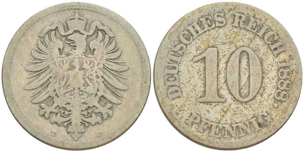 ГЕРМАНИЯ 10 ПФЕННИГОВ 1888 E, СТАРОГЕРБОВКА KM 4, J. 4, Weege 7 медно-никель 261-1227