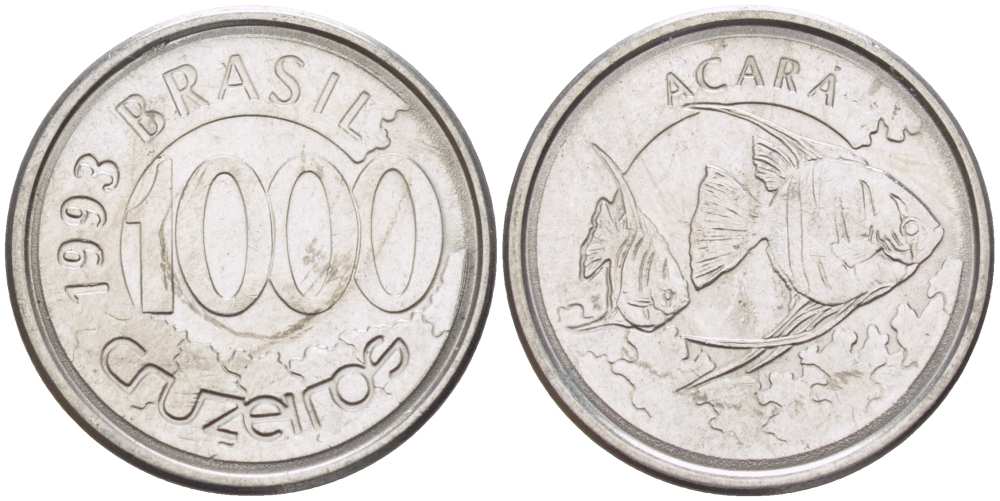 Бразилия 1000 крузейро 1993 реформа 1990-1993, рыбка Акара KM 626 нержавеющая стальь 26-1061
