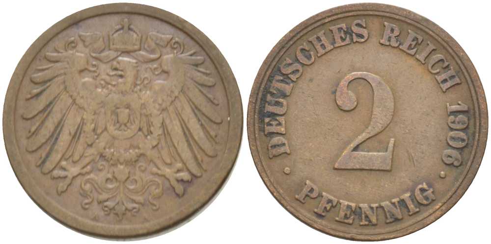 ГЕРМАНИЯ 2 ПФЕННИГА 1906 A KM 16, J. 11, Weege 4 медь 211-511