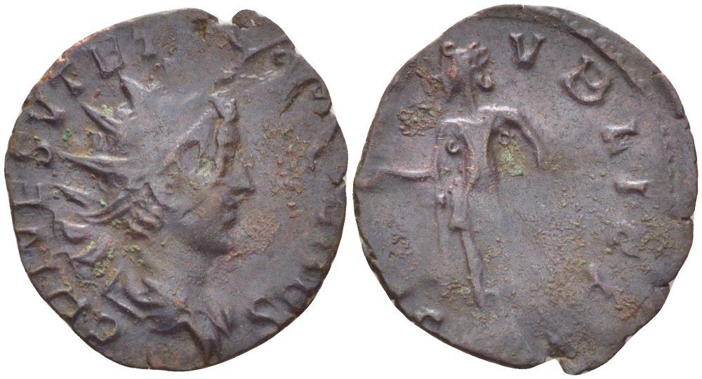 Римская Империя (императоры в Галлии) антониниан 272 - 273 Тетрик II. SPES PVBLICA, Спея, держащая цветок, Августа Треверов, Very fine RIC 272 биллон 1073-14-86