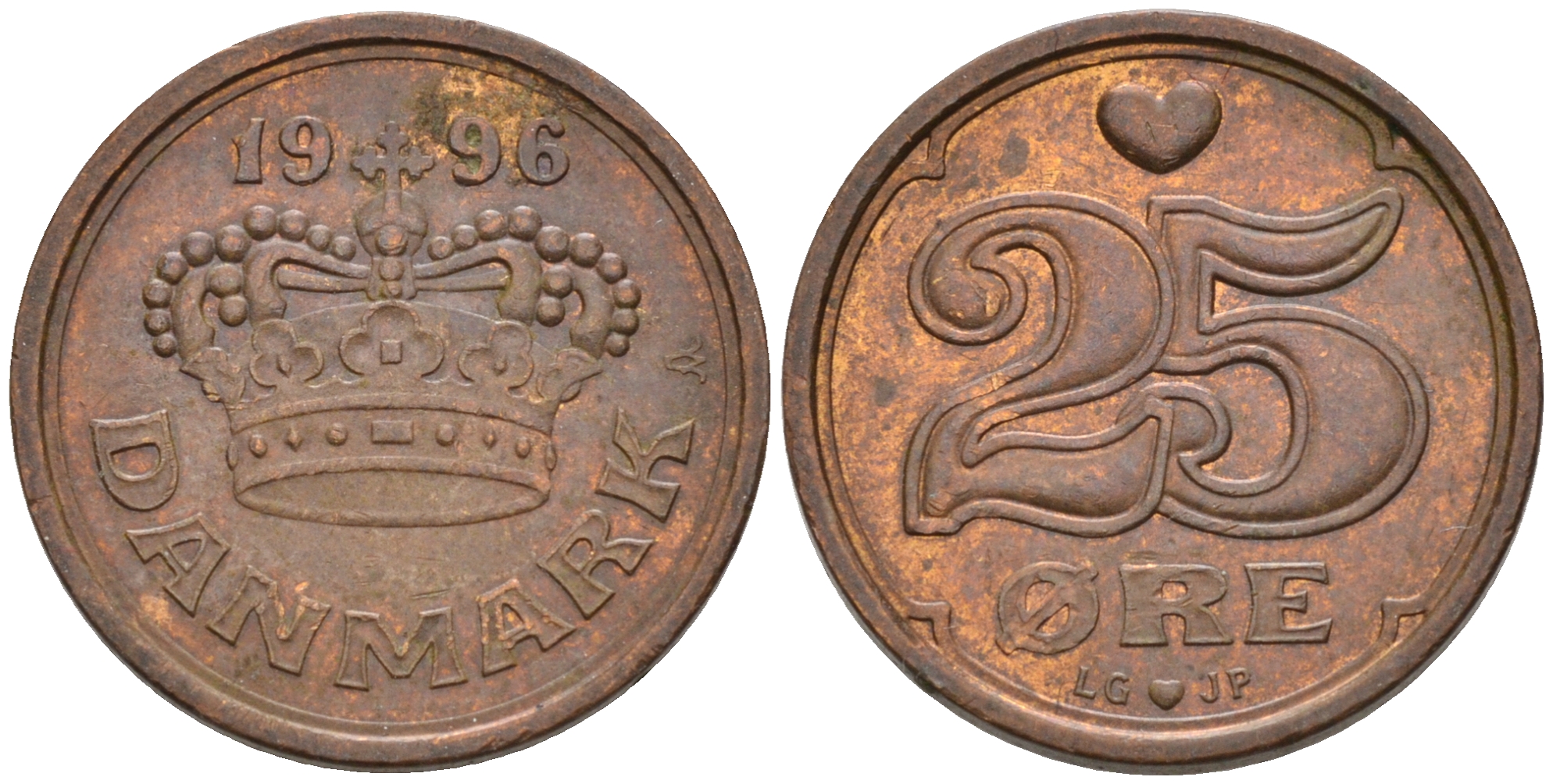 ДАНИЯ 25 ЭРЕ 1996 LG; JP; A, МАРГРЕТЕ II (1972-) KM 868.1 бронза 75-147