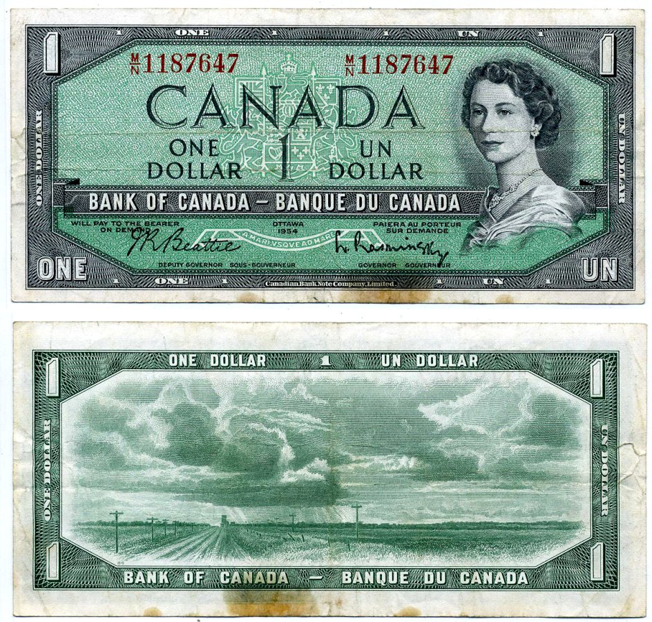 Канада 1 доллар 1954 подписи Beattie & Rasminsky, CBNC Pick 74b бумага 8603-32-3-2