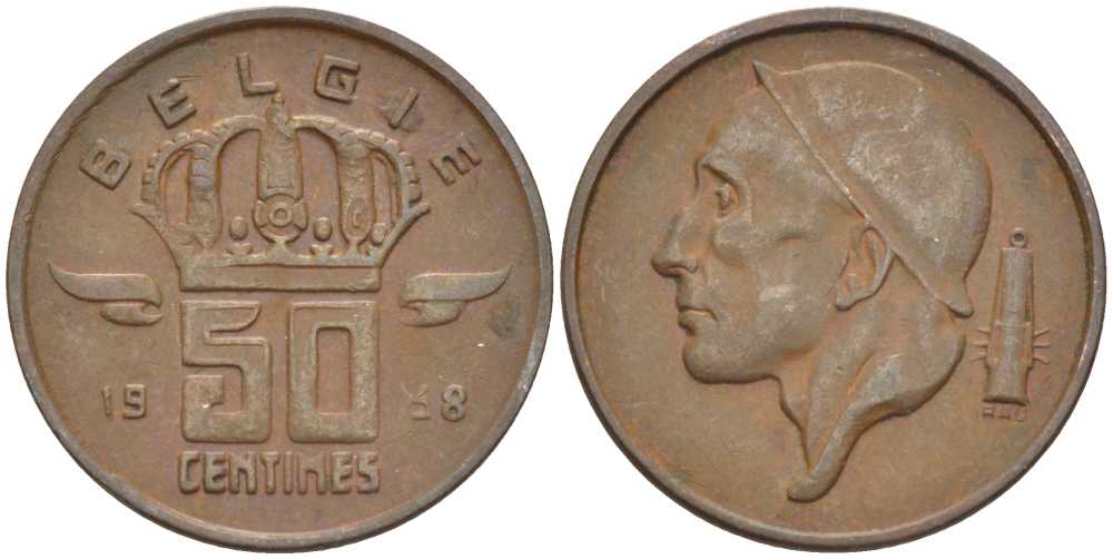 БЕЛЬГИЯ 50 САНТИМОВ 1958 BELGIE KM 149.1 бронза 4396-238