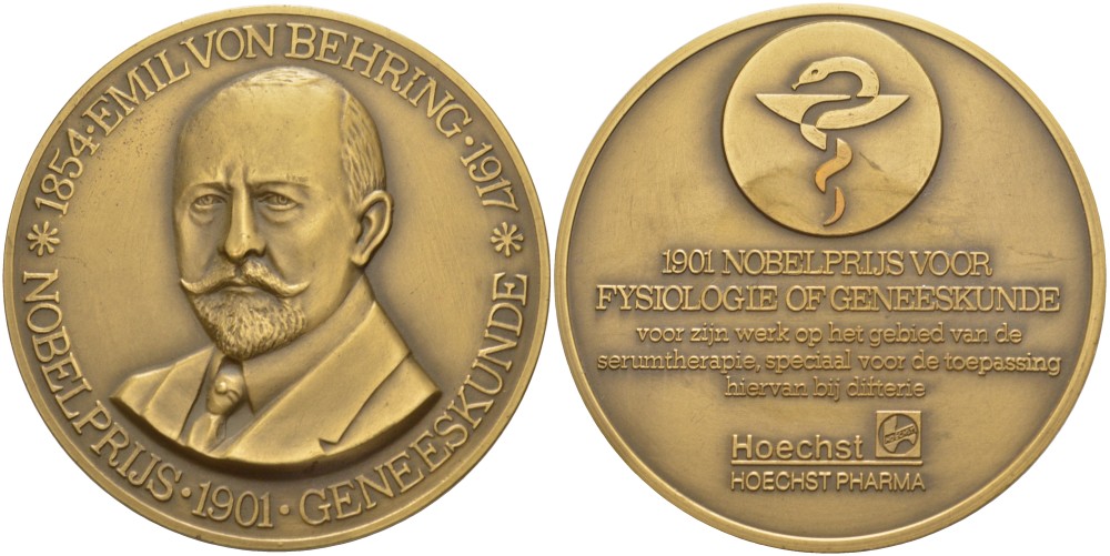 НИДЕРЛАНДЫ МЕДАЛЬ ND ЭМИЛЬ АДОЛЬФ фон БЕРИНГ (1854-1917) ВРАЧ ФАРМАКОЛОГ, СОЗДАТЕЛЬ ПРОТИВОДЕФТЕРИЙНОЙ СЫВОРОТКИ, ЛАУРЕАТ НОБЕЛЕВСКОЙ ПРЕМИИ ПО МЕДИЦИНЕ 1901 ГОДА, HOECHST PHARMA, ДИАМЕТР 50 ММ. томпак 1089-6-31