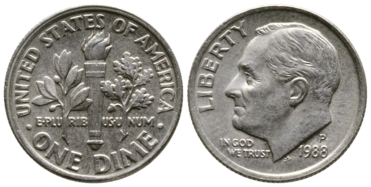 США 10 ЦЕНТОВ = 1 ДАЙМ 1988 P, РУЗВЕЛЬТ KM 195а медь плакированная медно-никелем 57-1232