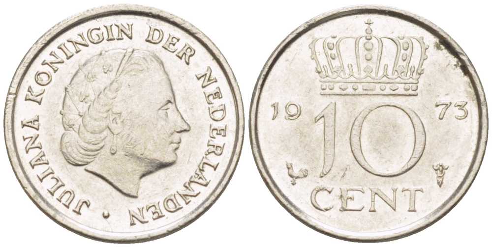 НИДЕРЛАНДЫ 10 ЦЕНТОВ 1973 ЮЛИАНА (1948-1980) KM 182 никель 214-1264