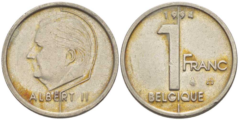 БЕЛЬГИЯ 1 ФРАНК 1994 BELGIQUE, АЛЬБЕРТ II (1993-) KM 187 железо плакированное никелем 3851-1155