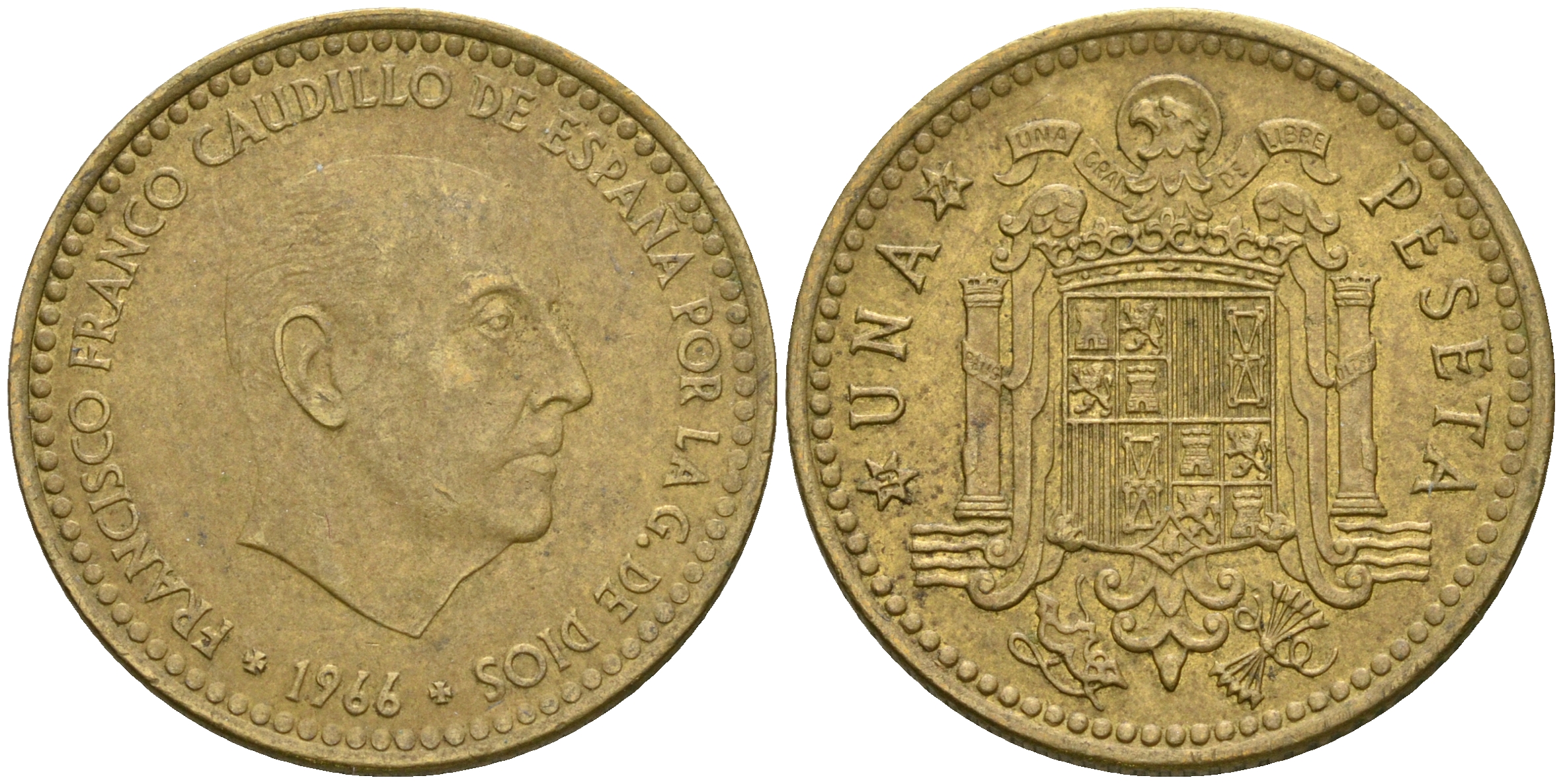 Испания 1 песета 1966 (74) Франсиско Франко (1939-1975) KM 796 алюминиевая бронза 4364-3619