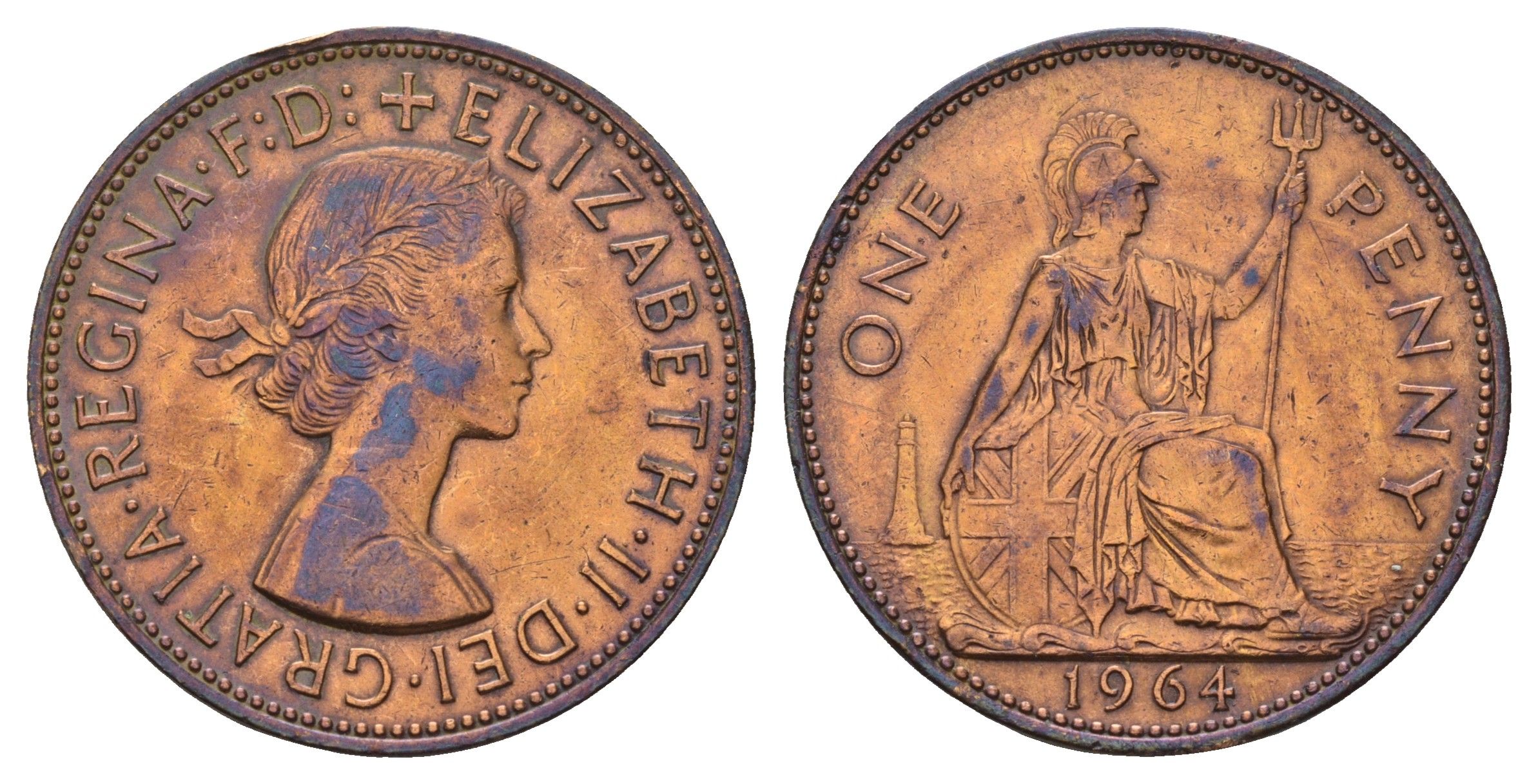 Великобритания 1 пенни 1964 Елизавета II (1952-2022) KM 897, Spink 4157 бронза 3855-526