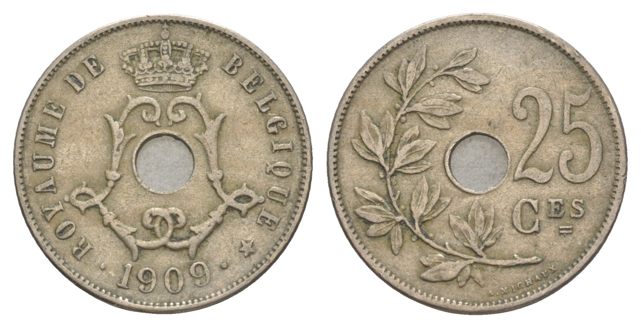 Бельгия 25 сантимов 1909 Belgique, Леопольд I (1865-1909) KM 62 медно-никель 4156-451