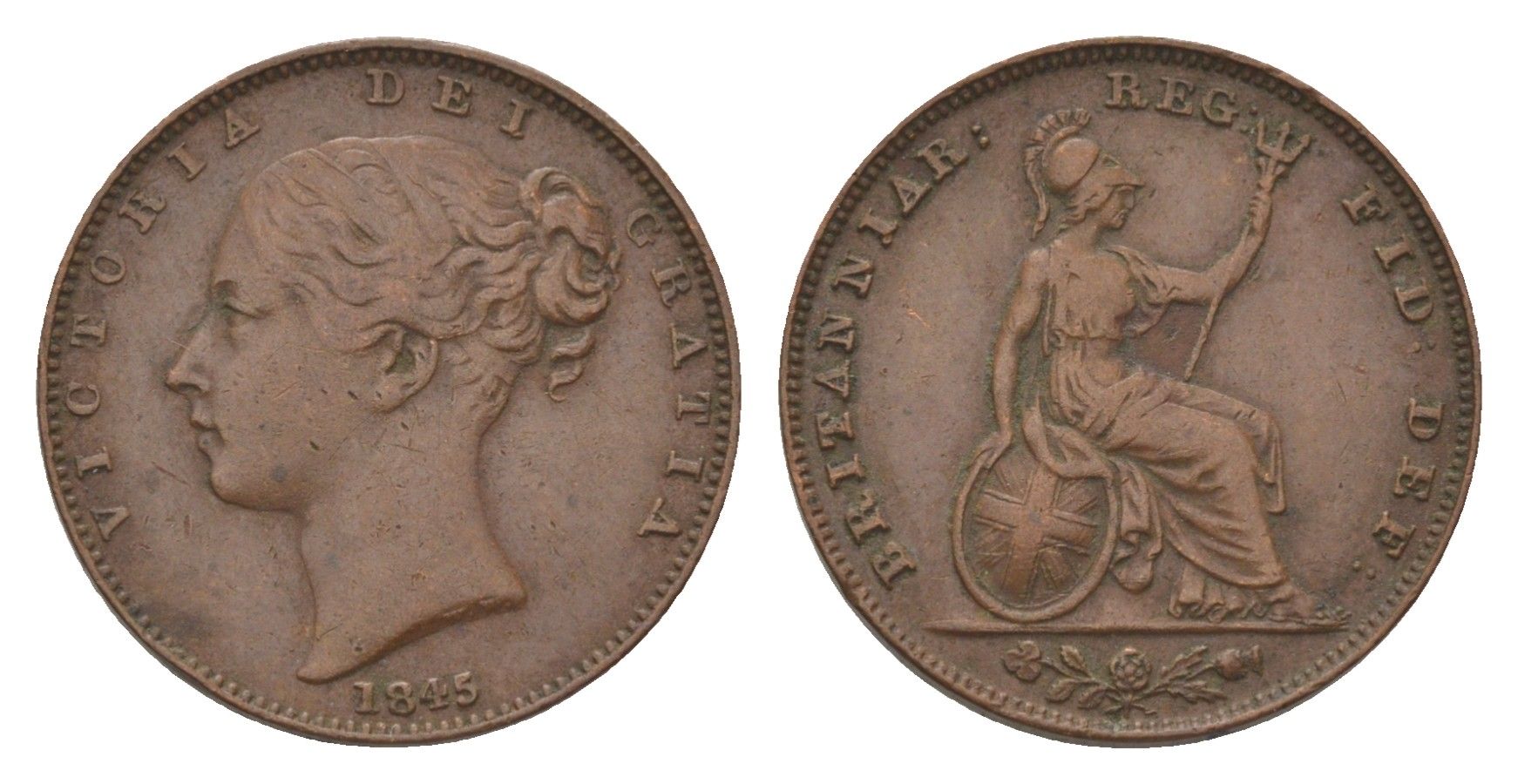 Великобритания 1 фартинг 1845 Виктория (1837-1901) KM 725, Spink 3950 медь 4627-627