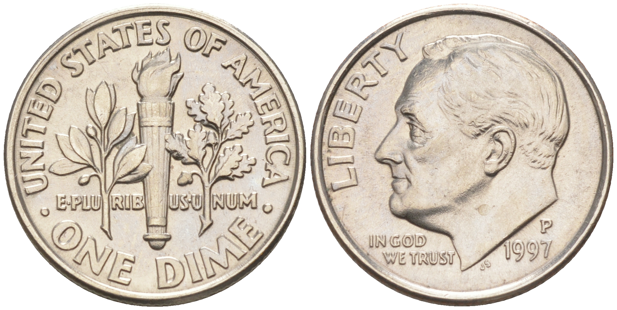 США 10 ЦЕНТОВ = 1 ДАЙМ 1997 P, РУЗВЕЛЬТ KM 195a медь плакированная медно-никелем 188-723