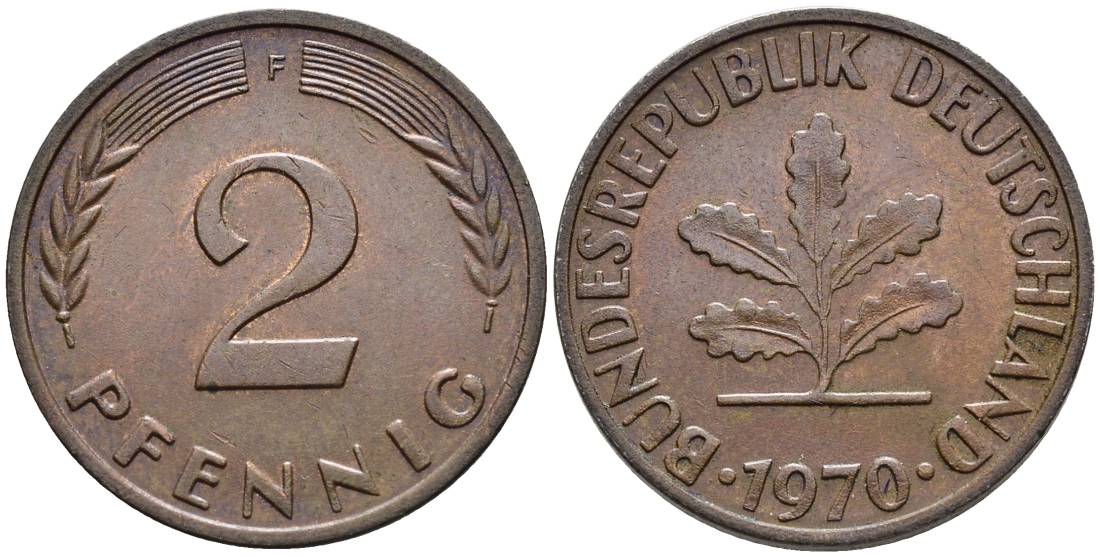 ФРГ 2 ПФЕННИГА 1970 F KM 106a, Jager 381a сталь плакированная сталь плакированная медьюю 4546-1011