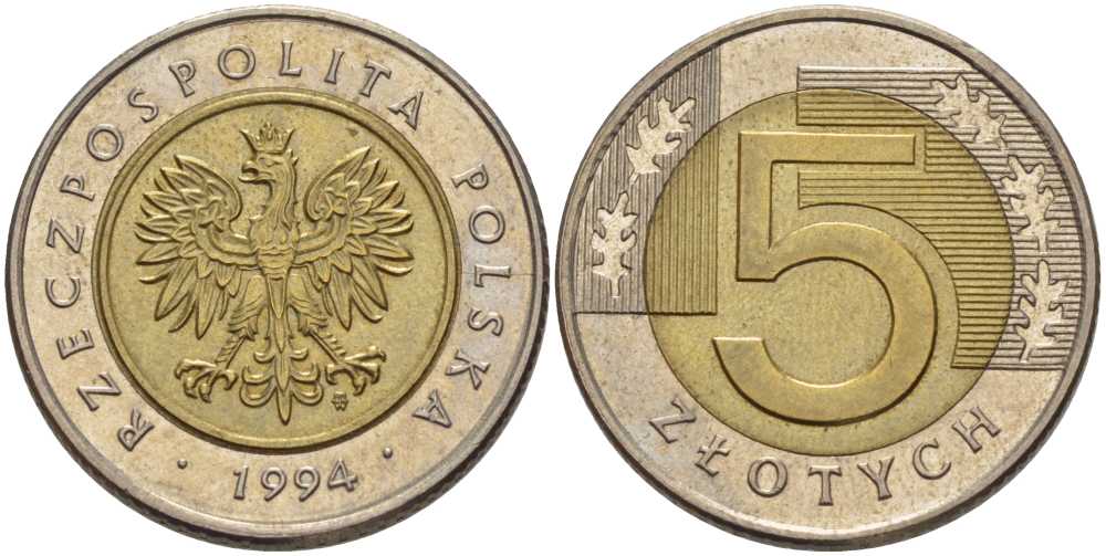 Польша 5 злотых 1994 MW KM 284 биметалл 93-342