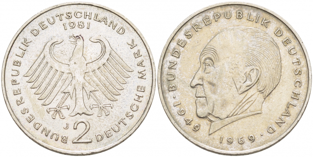 ФРГ 2 марки 1981 J, Конрад Аденауэр KM 124, J. 406 медно-никель плакированный никелем 3718-1032