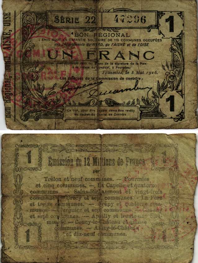 Франция, региональный бон 1 франк 1916 8 мая1916, I-ая мировая врйна бумага 7183-50-1-2