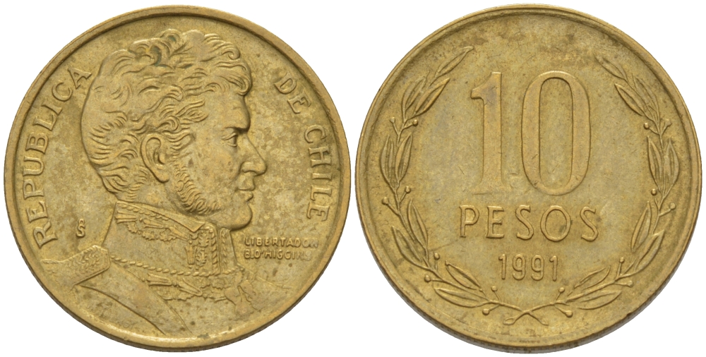 ЧИЛИ 10 ПЕСО 1991 KM 228.2 никель латунь 4364-3743