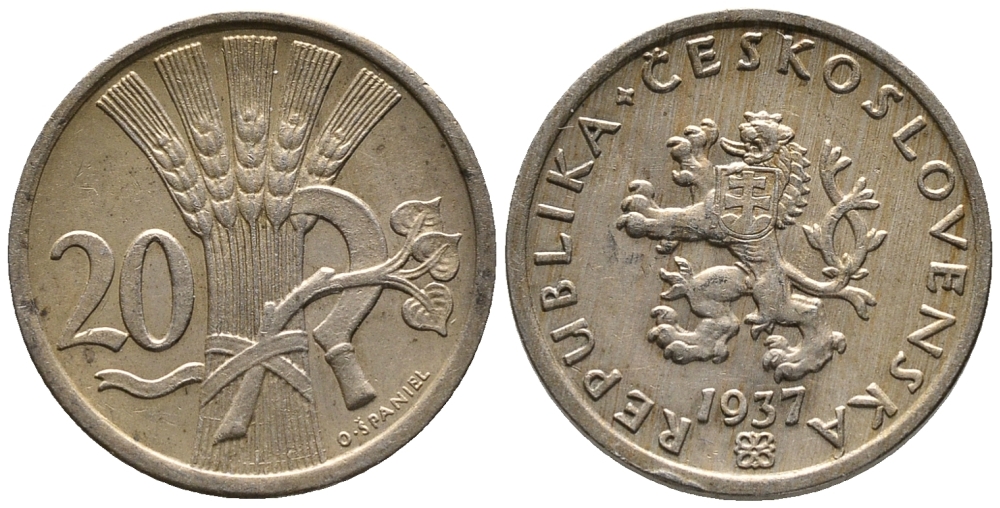 ЧЕХОСЛОВАКИЯ 20 ГЕЛЛЕРОВ 1937 KM 1 медно-никель 39-933