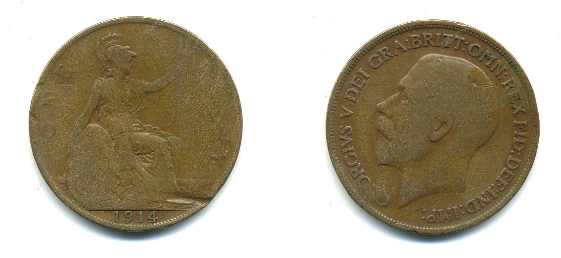 Великобритания 1 пенни 1914 Георг V (1910-1936) KM 810, Spink 4051 бронза 41-833