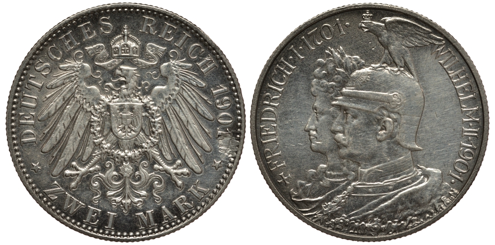 Пруссия 2 марки 1901 A, 200 лет Прусской королевской династии (Фридрих I - Вильгельм II) J.105, Weege 105, KM 525 серебро 3711-1043