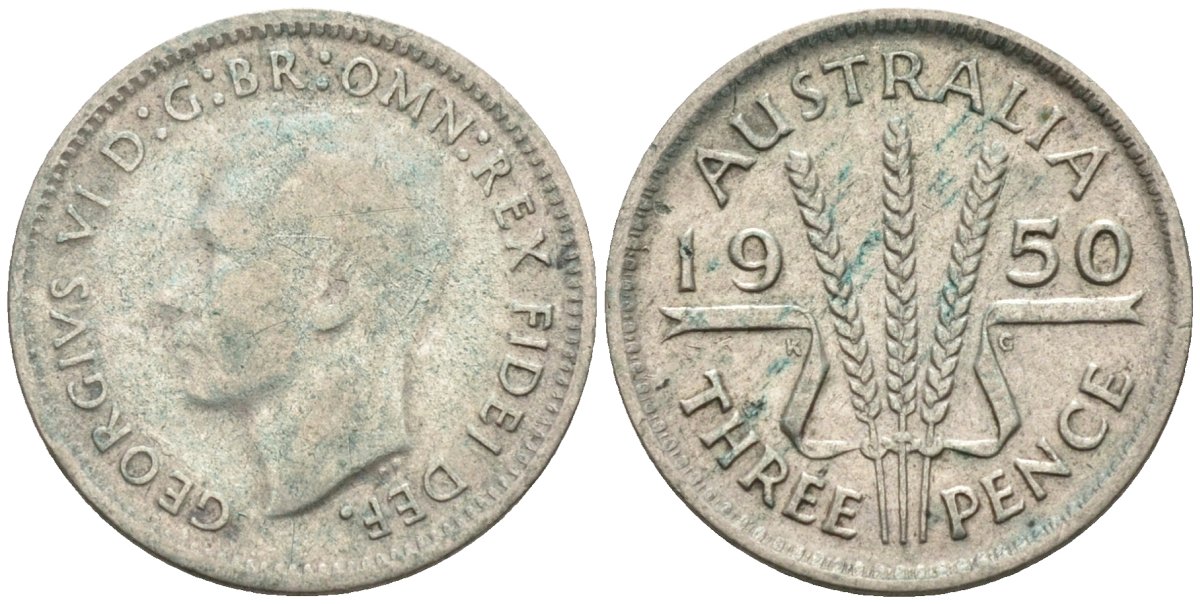 Австралия 3 пенса 1950 KG, Георг VI (1937-1952) KM 44 серебро 4585-266