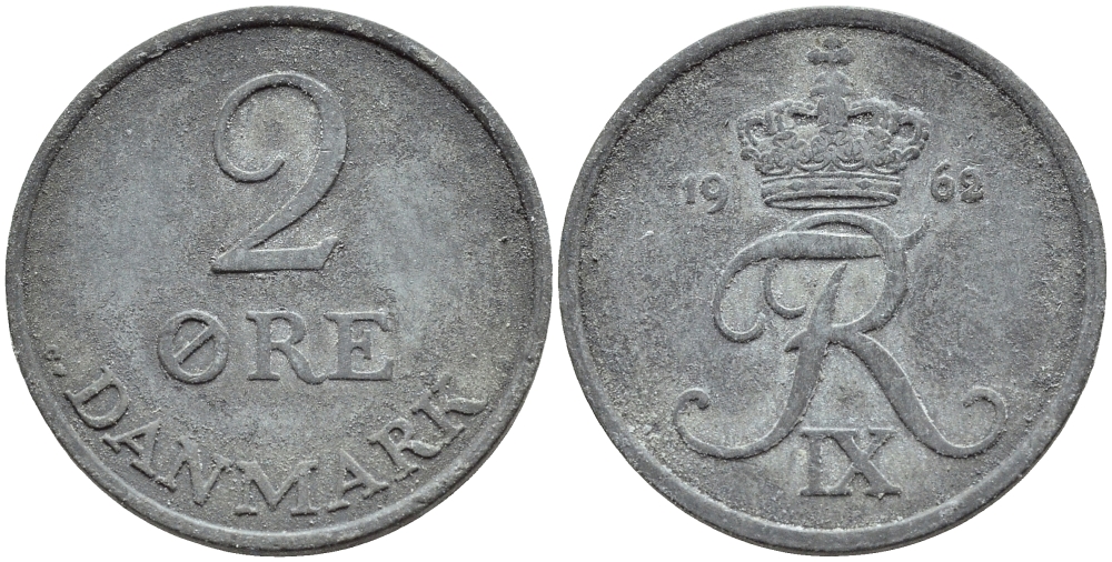 ДАНИЯ 2 ЭРЕ 1962 C; S, ФРЕДЕРИК IX (1947-1972) KM 840.2 цинк 51-1624