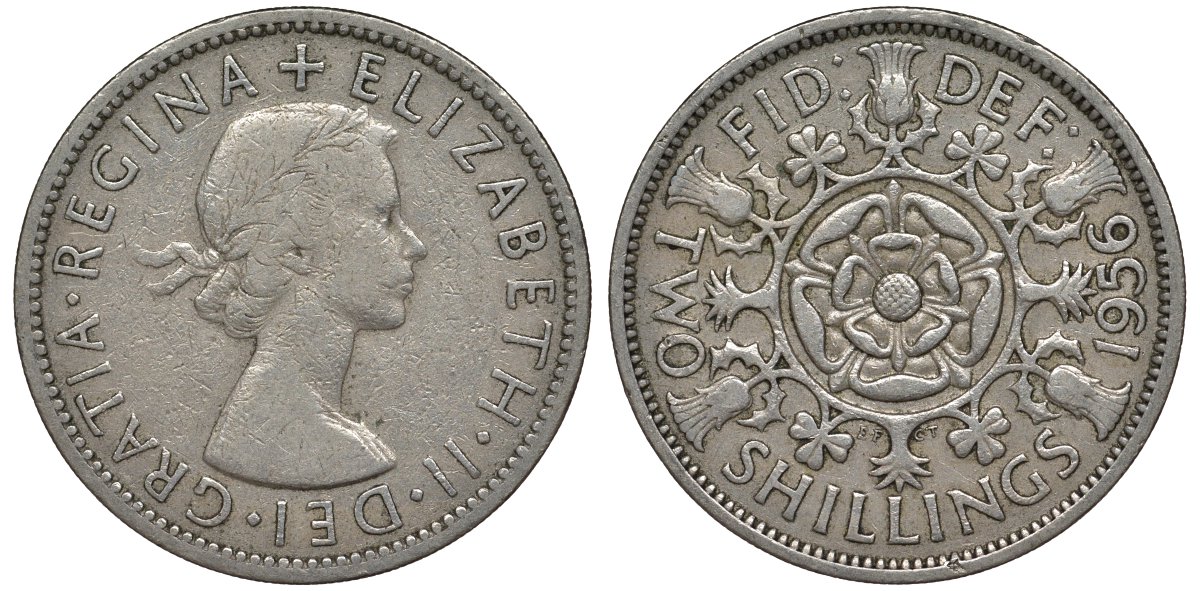 Великобритания 2 шиллинга (флорин) 1956 Елизавета II (1952-2022) KM 906, Spink 4146 медно-никель 4123-923