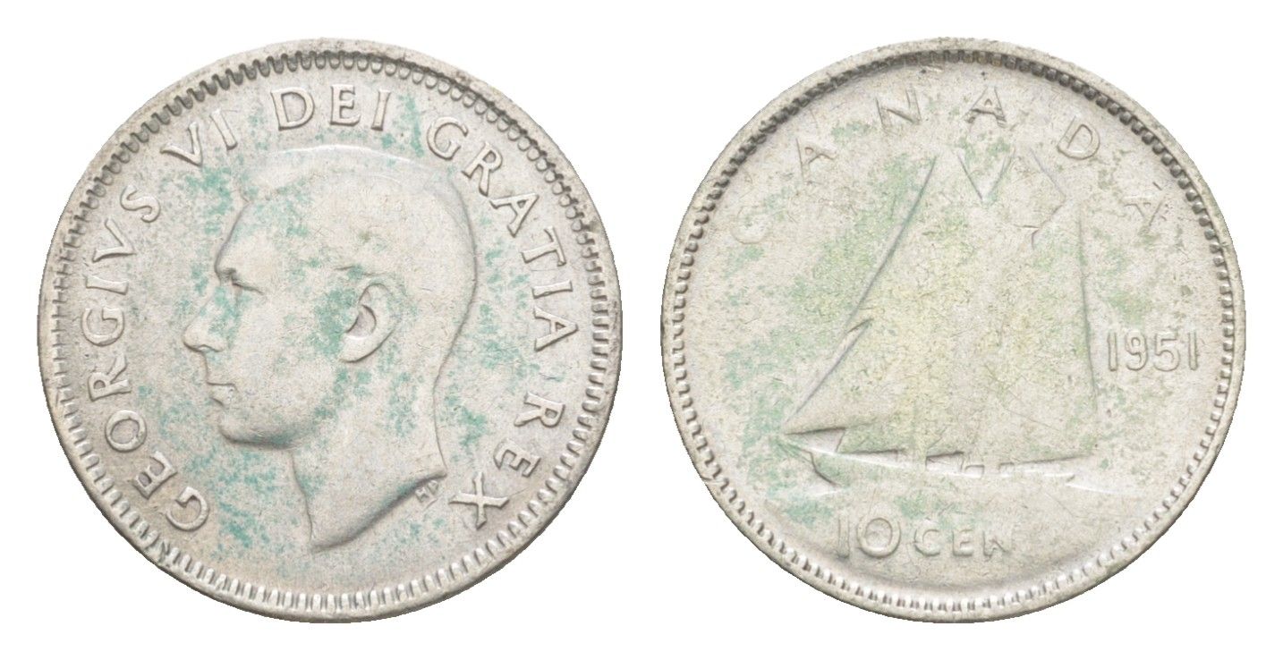 Канада 10 центов 1951 Георг VI (1936-1952), парусник KM 43 серебро 4639-557